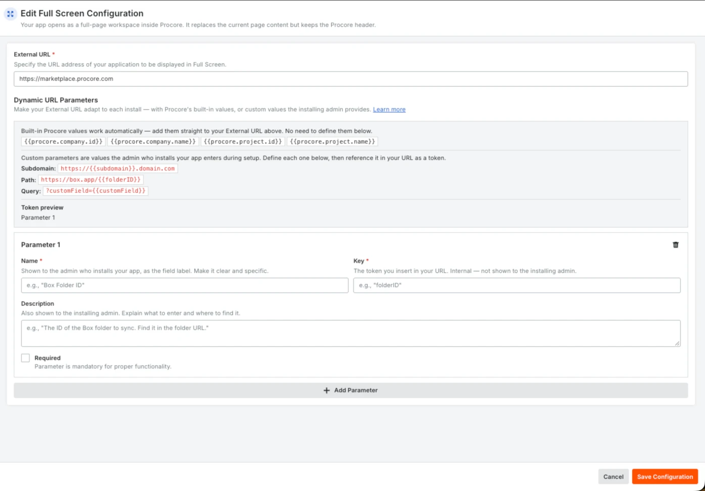 The Edit Full Screen Configuration panel, showing the External URL, the built-in Procore values, and one custom parameter with Name, Key, Description, and Required