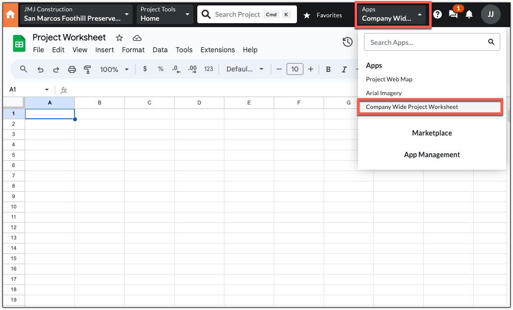 A Google Sheets worksheet filling the main content area of Procore, with the Apps menu open beside it and the app's entry highlighted