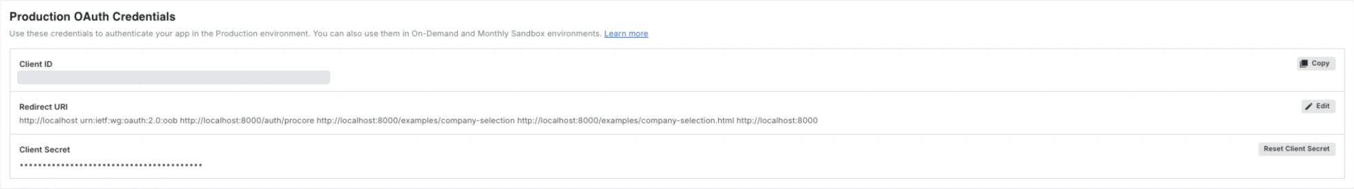 The Production OAuth Credentials panel, with Client ID, Redirect URI, and a masked Client Secret