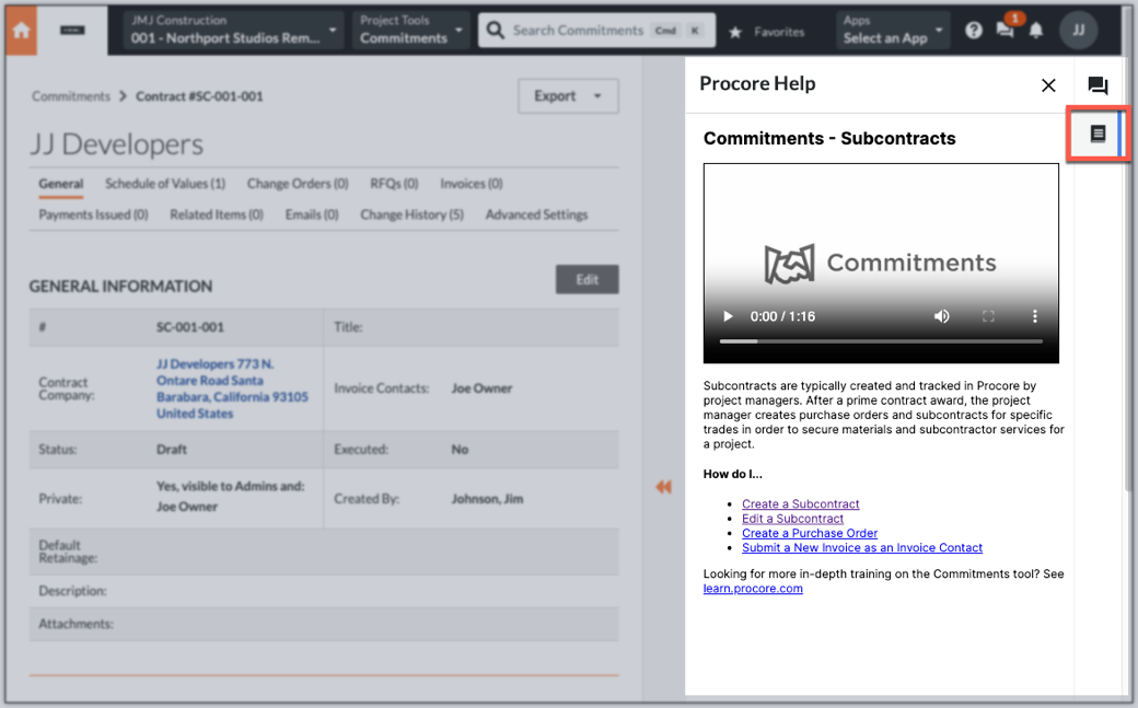 A help panel docked to the right of a Procore Commitments subcontract page, with the dock icon that opens it highlighted